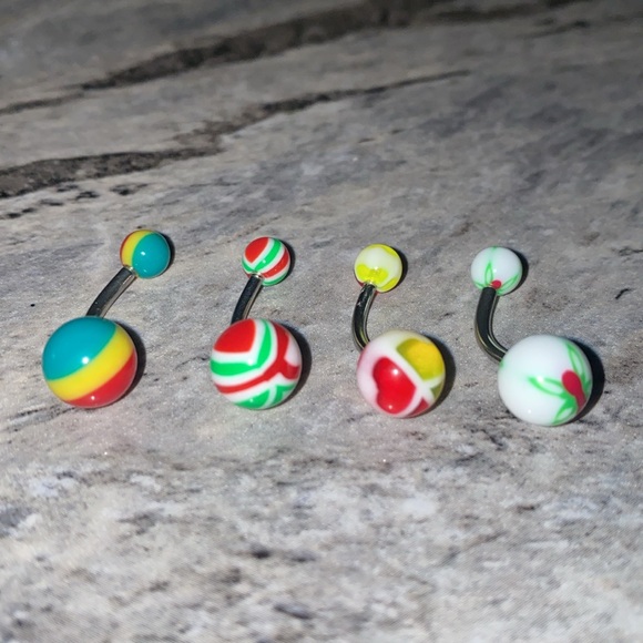 4 Belly Button Ring Set Green Red Yellow - Picture 2 of 3